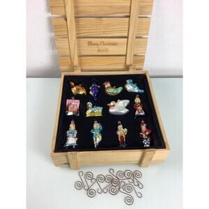 Thomas Pacconi 2005 Merry Christmas Glass Ornaments lot of 12 Wooden box Crate